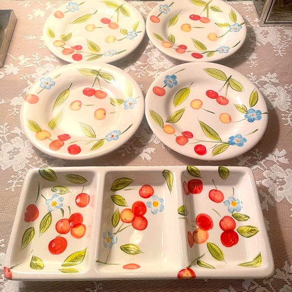 Vintage Tabletops Gallery Cherry Blossom Hand Painted 4 Plates and Serving Dish - Picture 2 of 9